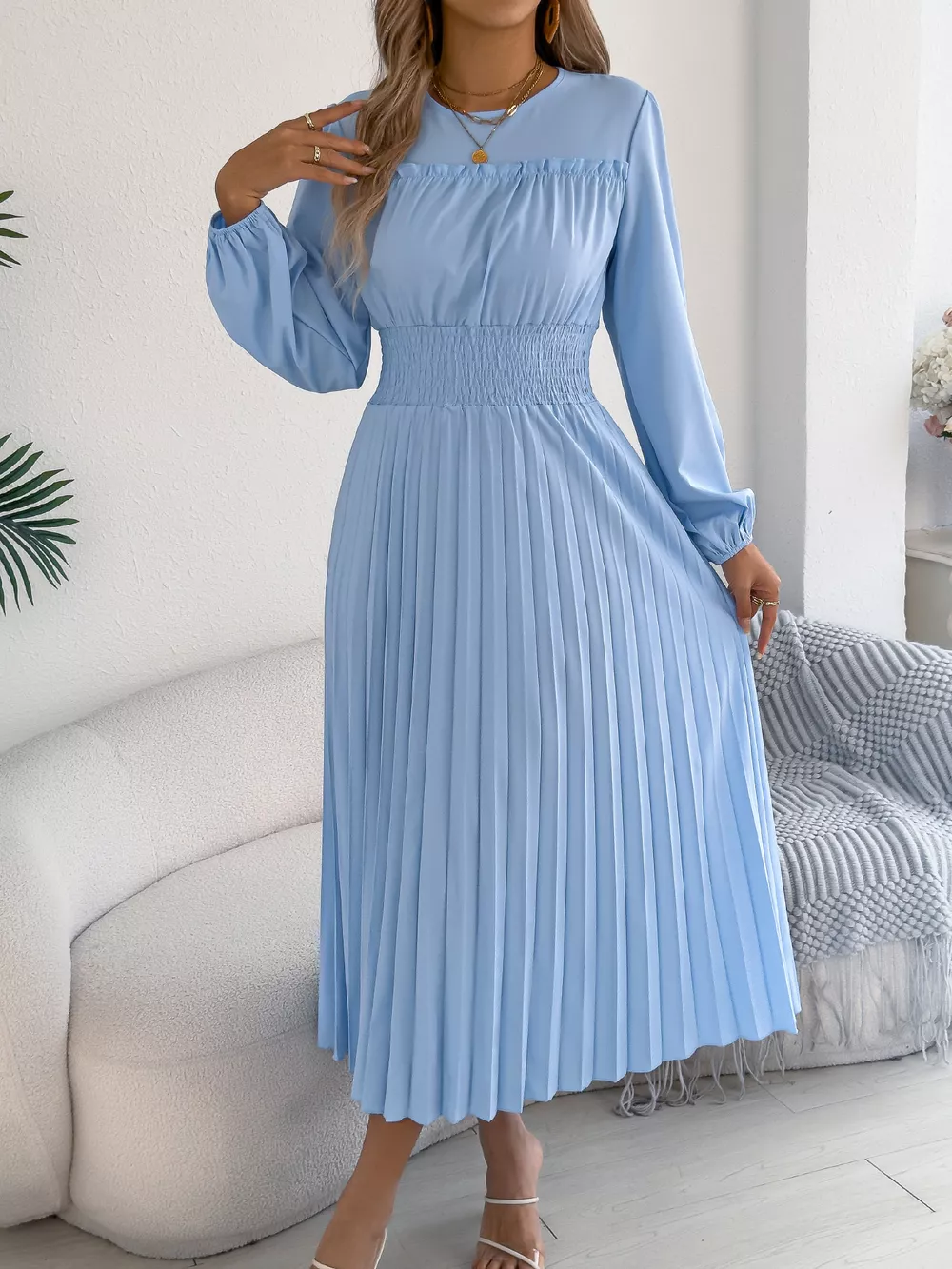 Smocked Pleated Long Sleeve Midi Dress, image 18