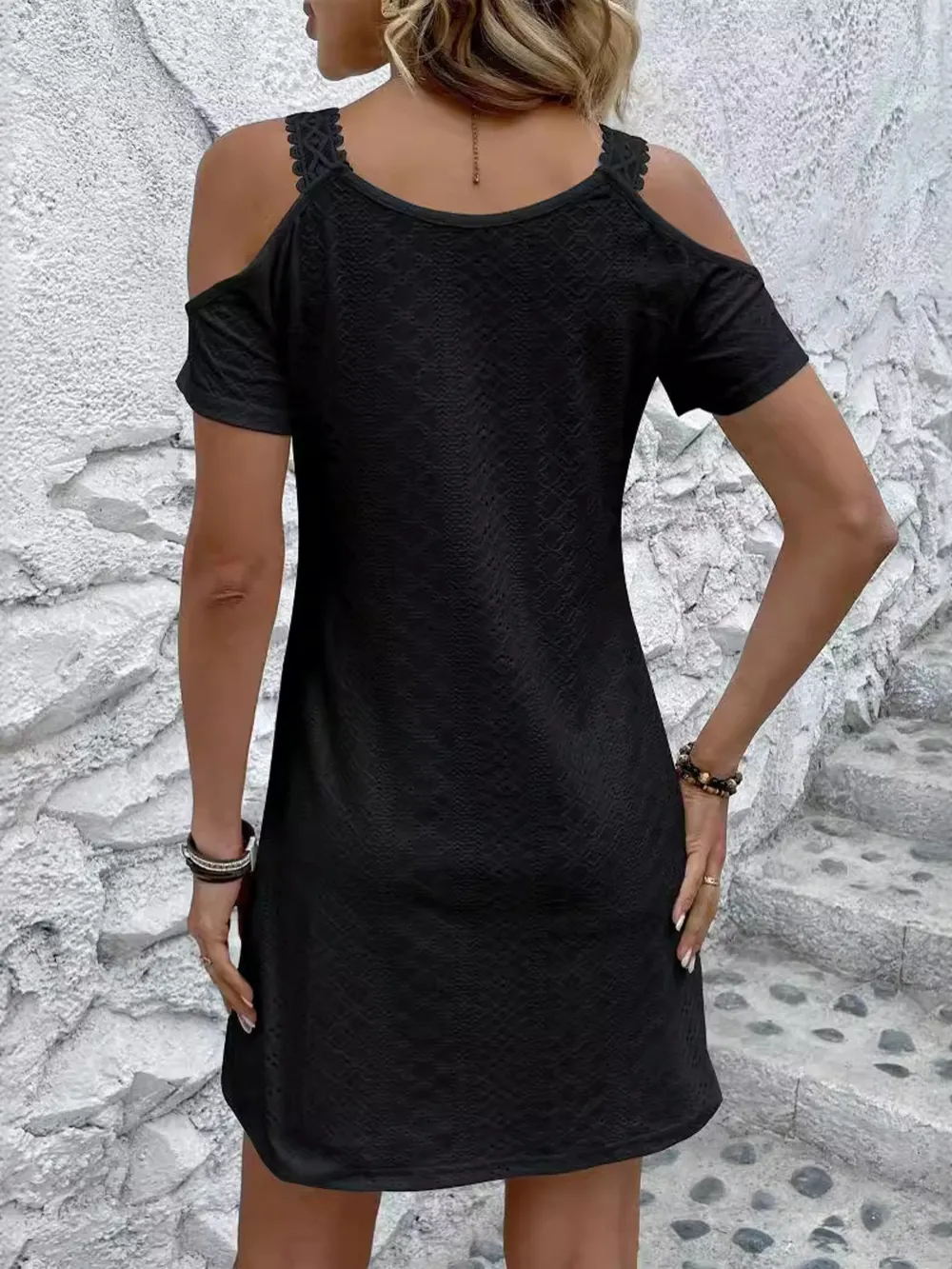 Cold Shoulder Short Sleeve Eyelet Mini Dress, image 5
