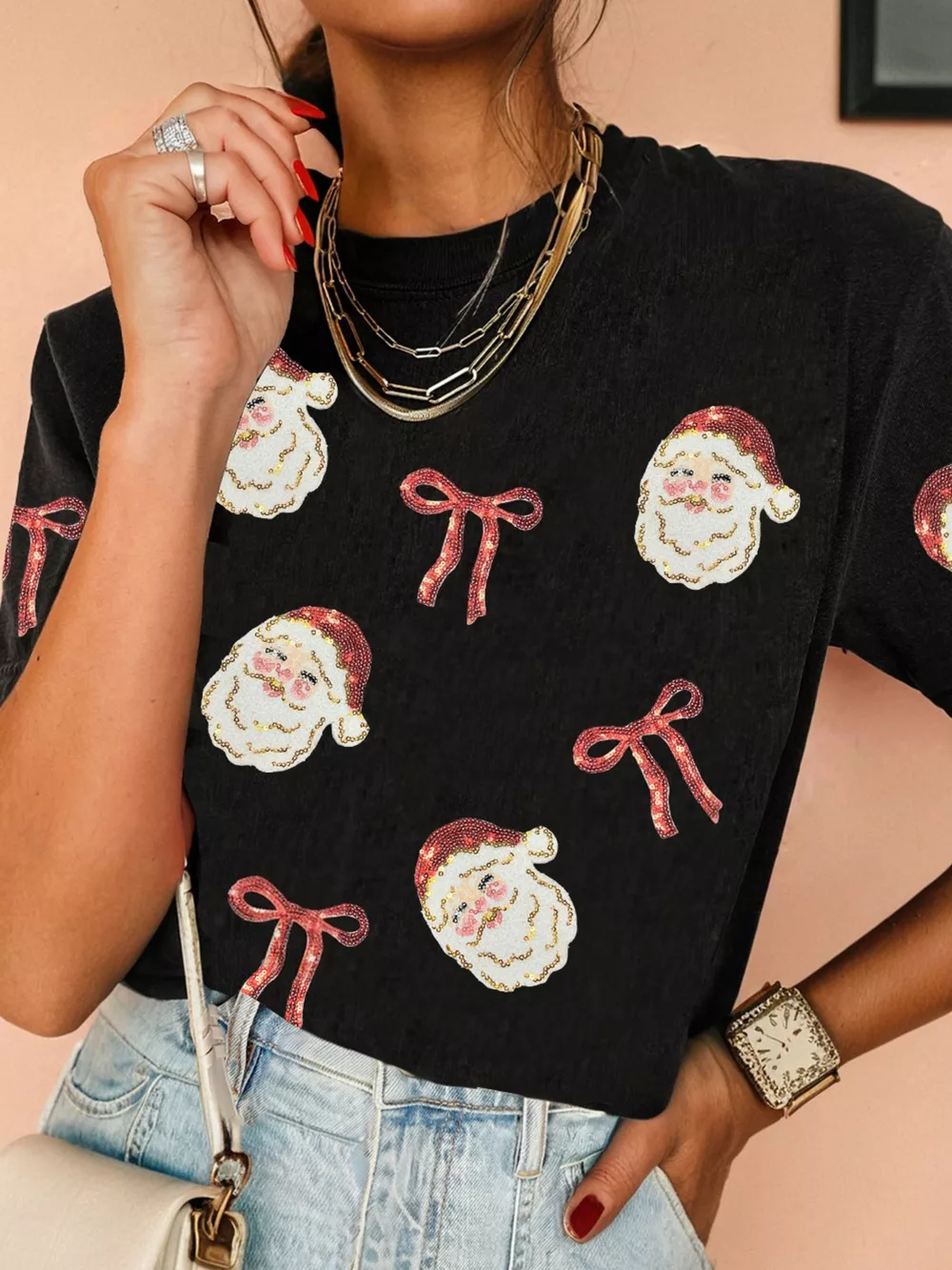 Sequin Christmas Bow Santa Claus Patched T Shirt, image 4
