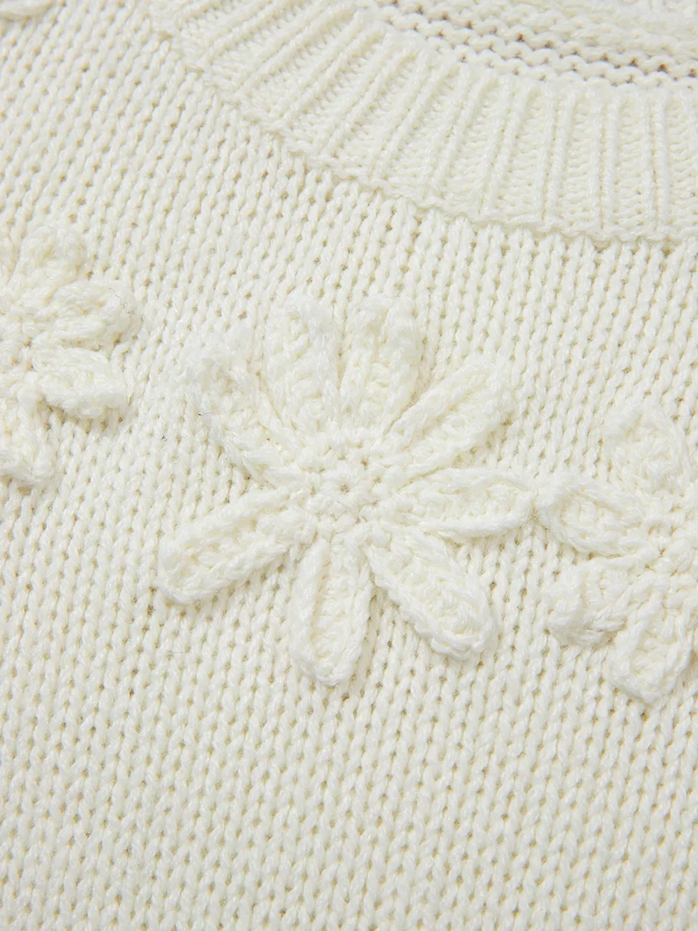Flower Detail Round Neck Contrast Textured Puff Sleeve Sweater, image 9