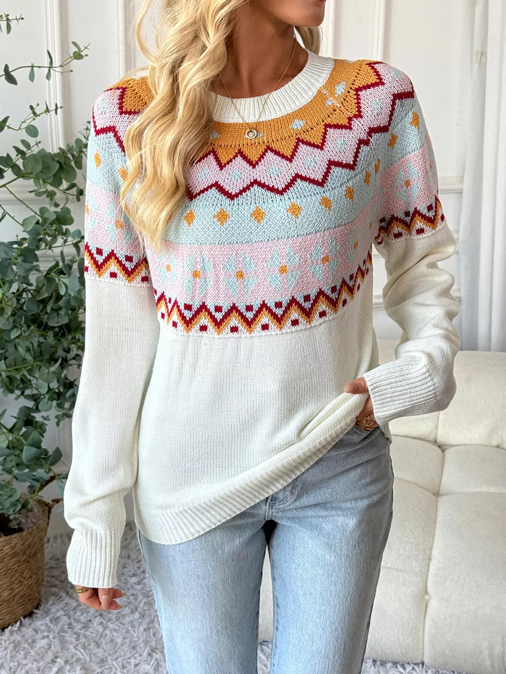 Geometric Round Neck Long Sleeve Sweater, image 5