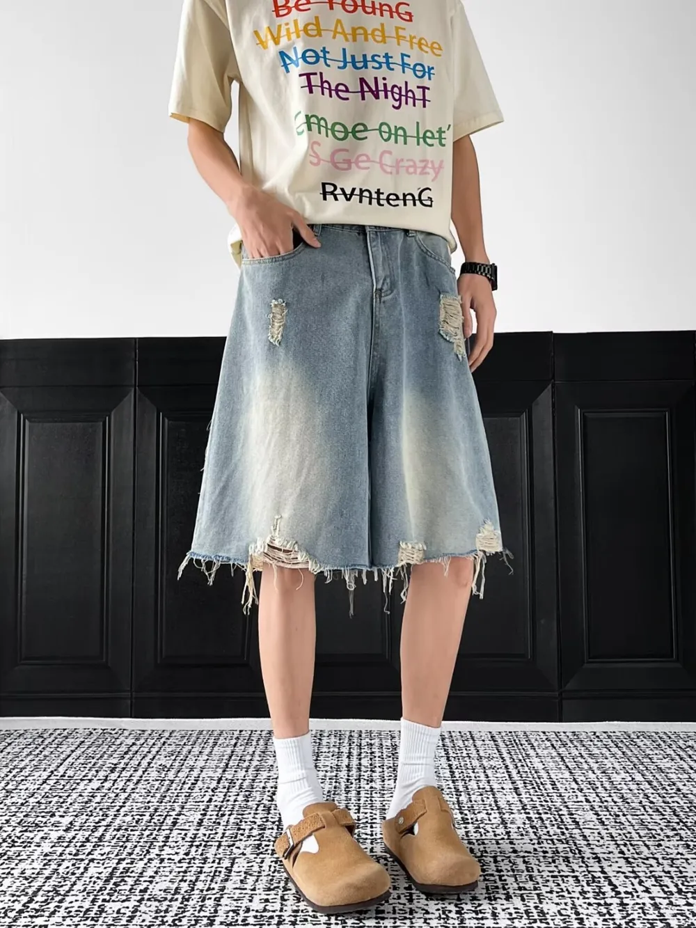 Men's Full Size Distressed Wide Leg Denim Shorts Plus Size