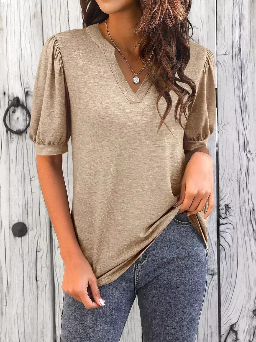 Puff Sleeve Notched Casual T-Shirt, image 2