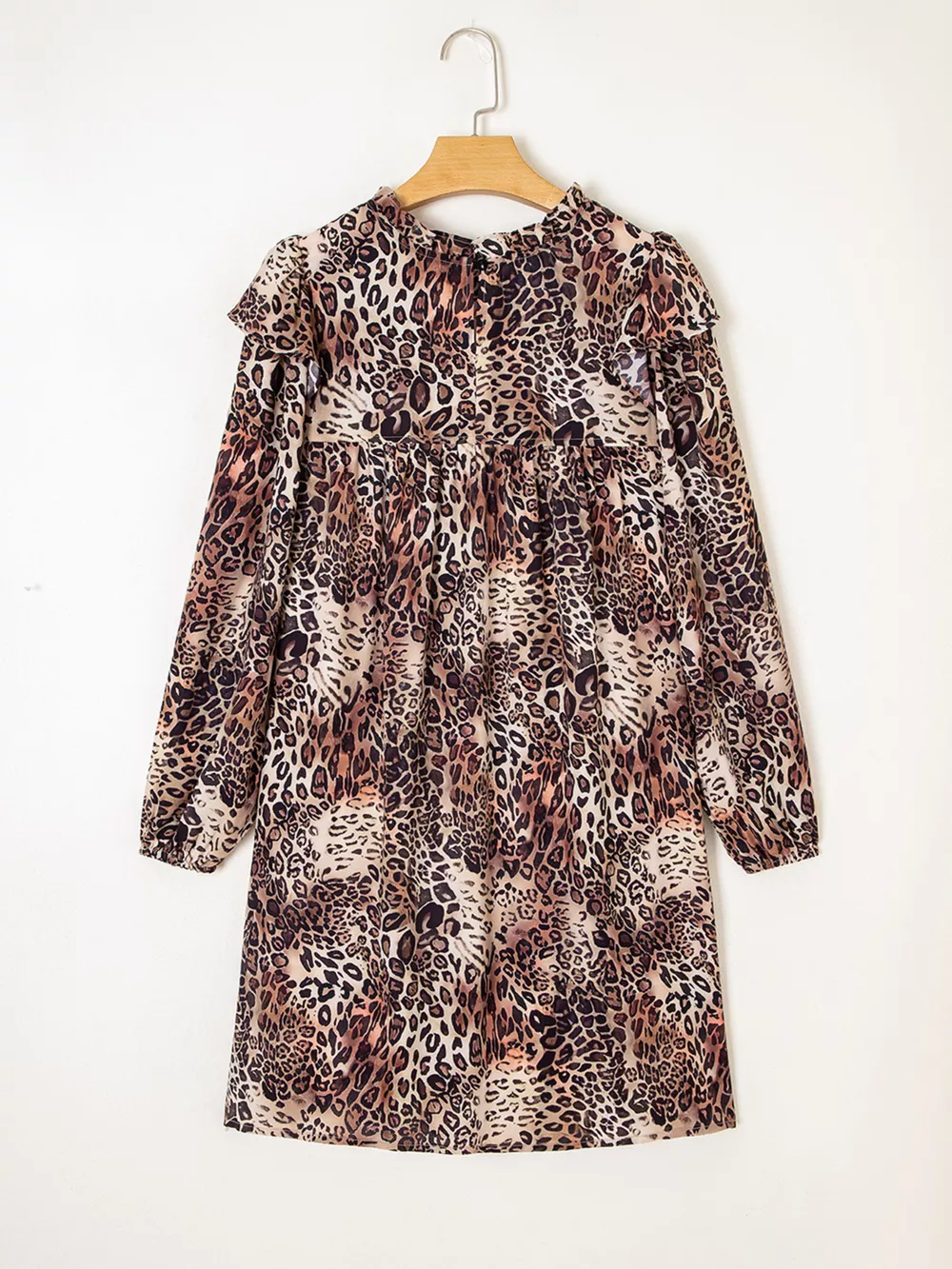 Leopard Ruffled Detail Long Sleeve Loose Mini Dress, image 11