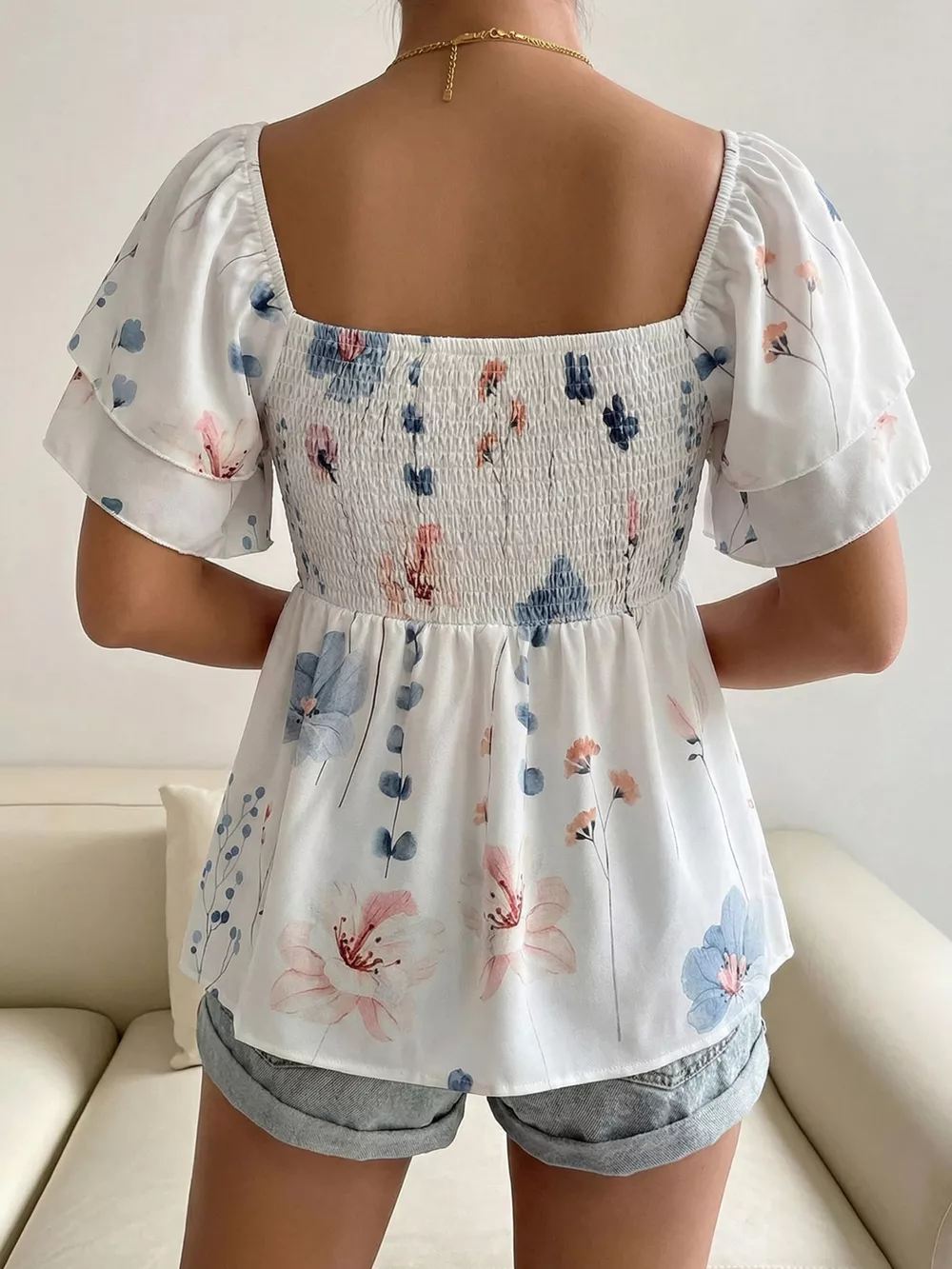 Smocked Square Neck Flutter Sleeve Blouse, image 3