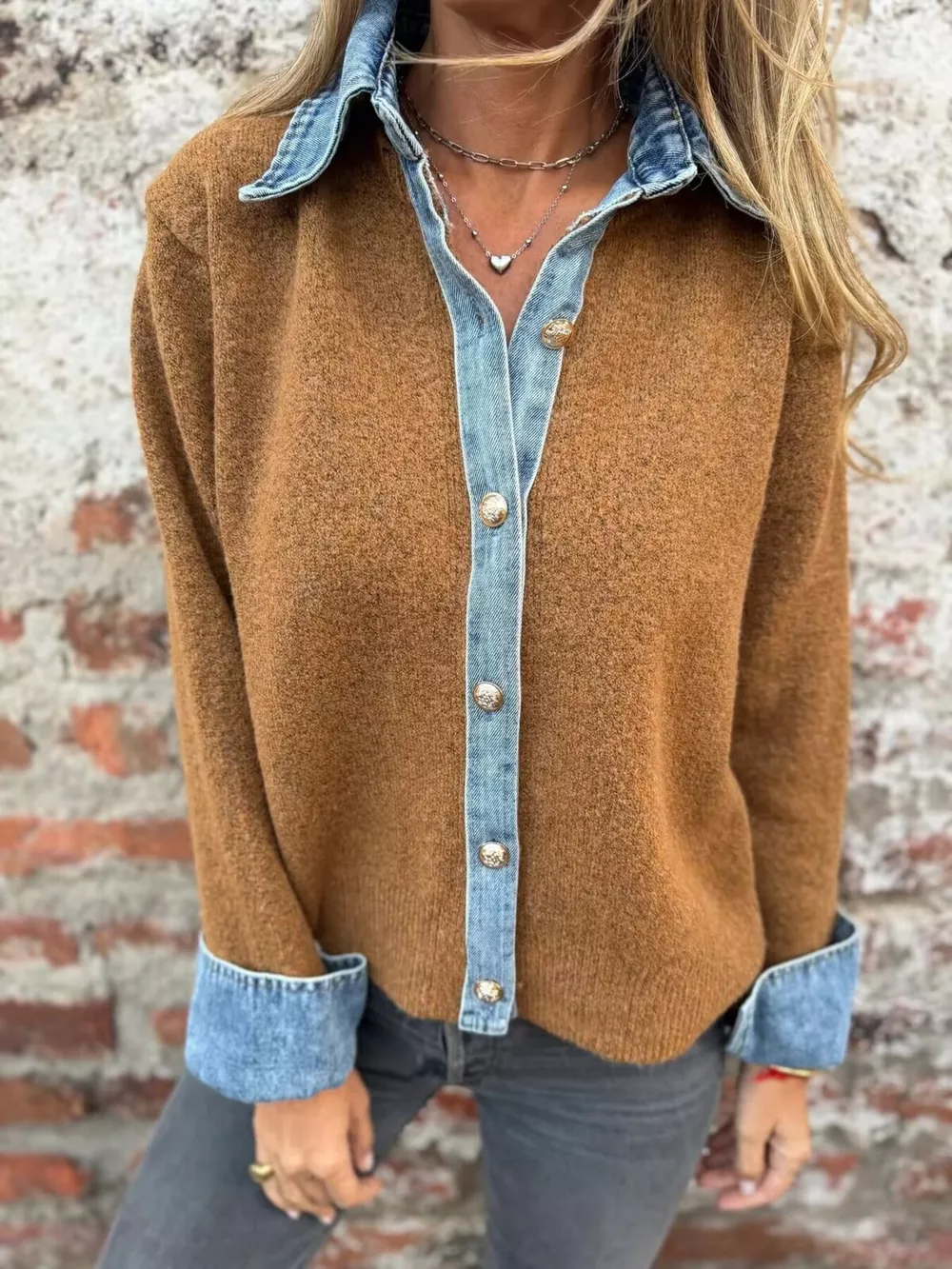 Contrast Denim Trimmed Sweater Cardigan, image 2