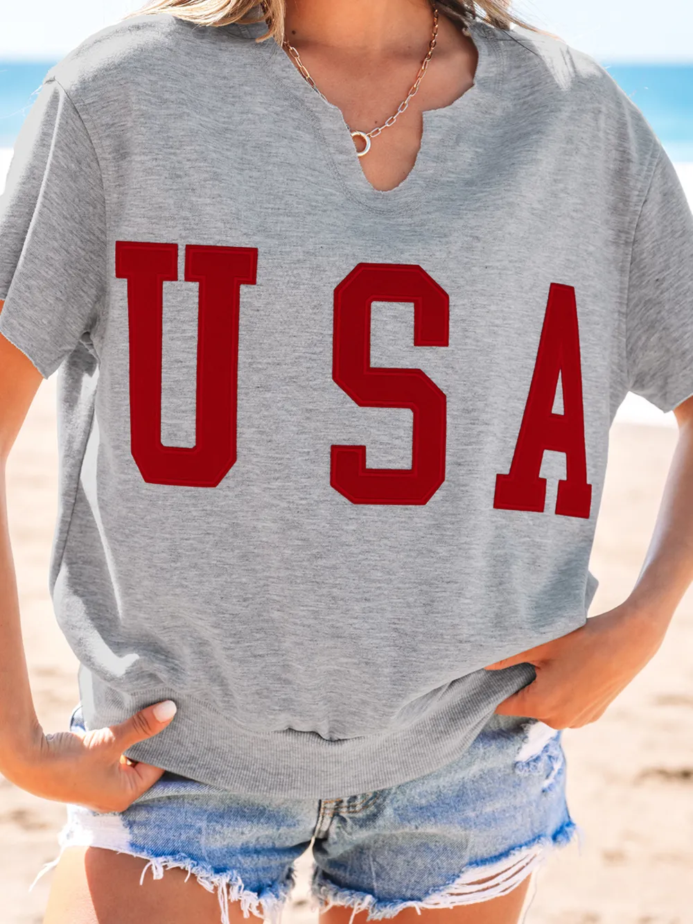 USA Lettering Patch Notched Neck T-Shirt, image 14