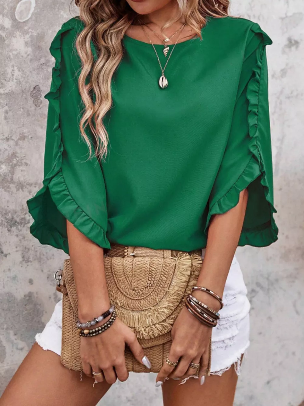 Ruffle Sleeve Solid Color Blouse, image 12