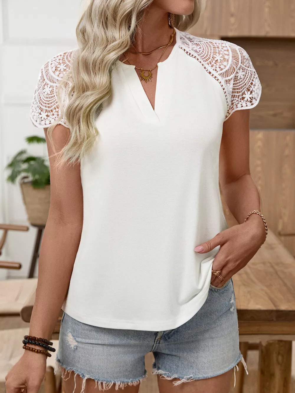 Lace Sleeve Notched Top, image 10