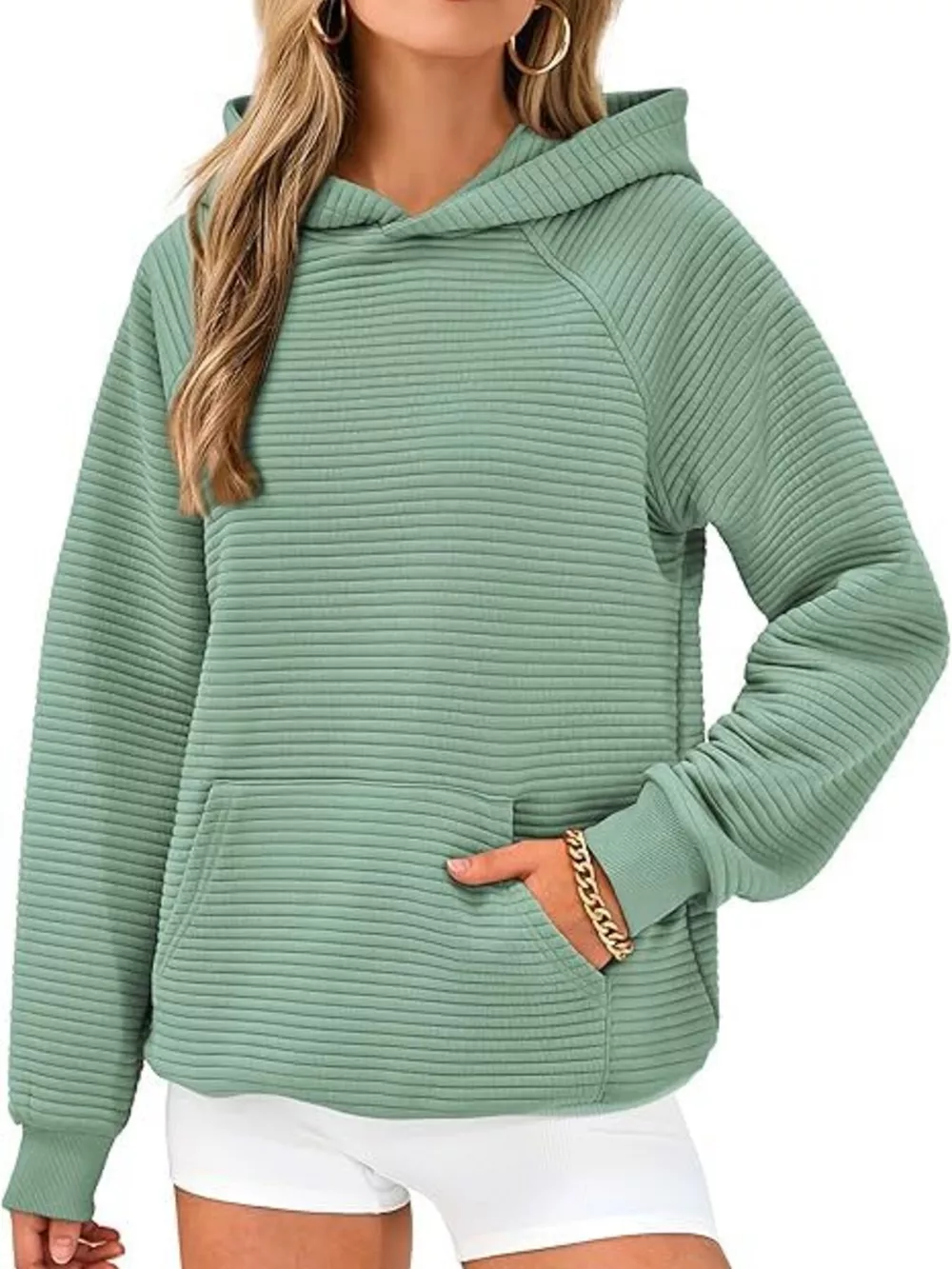 Texture Kangaroo Pocket Raglan Sleeve Hoodie, image 11