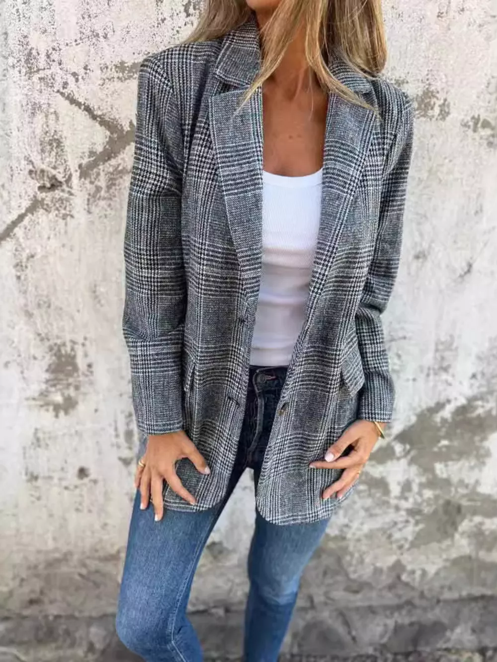 Full Size Plaid Single-Breasted Long Sleeve Blazer Plus Size, image 6
