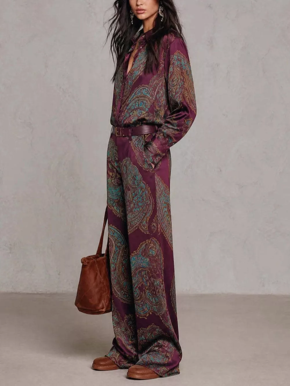 Paisley Print Long Sleeve Shirt and Wide-Leg Pants Set, image 4