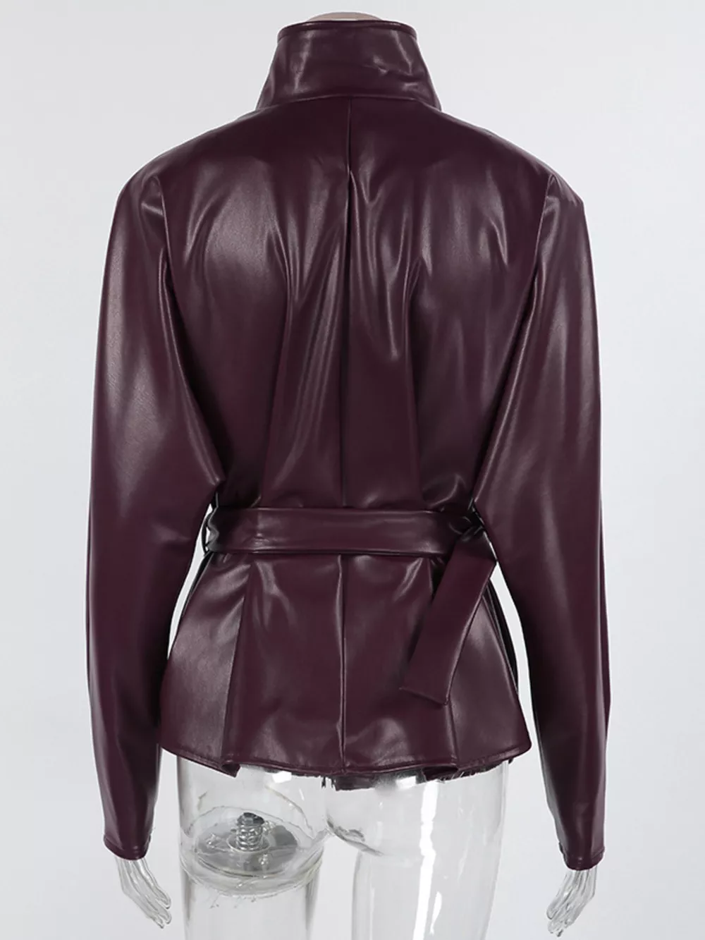 Stand Collar Belted Faux Leather Jacket, image 17