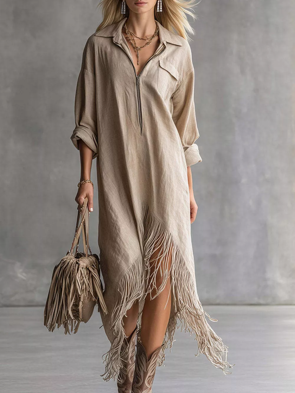 Fringe Hem Zip-Up Shirt Dress, image 8