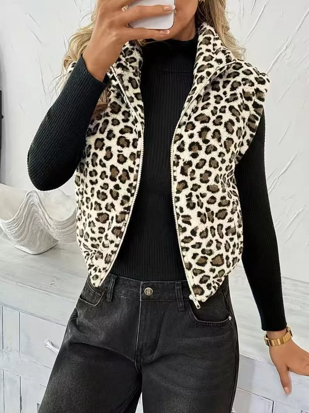 Animal Print Zip Up Vest Coat, image 3