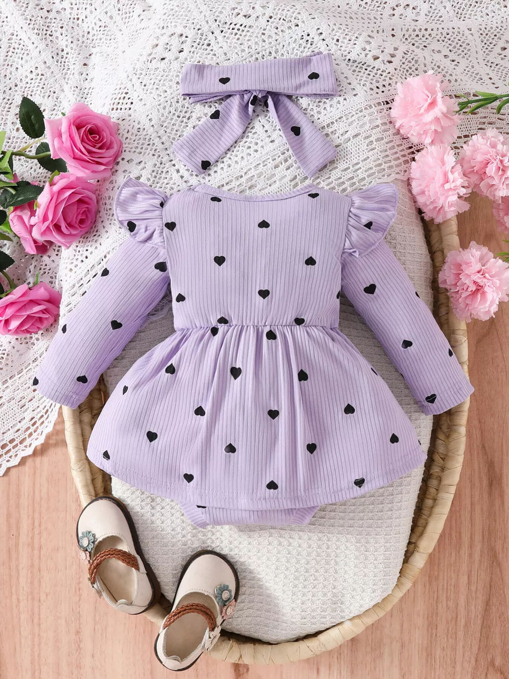 Children's Heart Print Ruffle Trim Bodysuit Dress with Headband, image 15