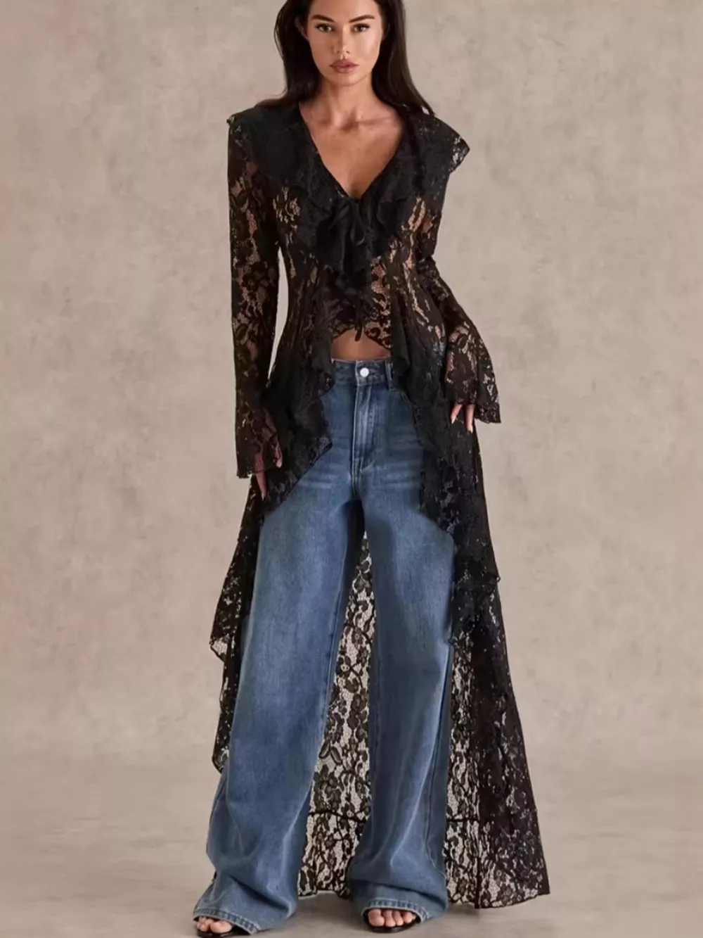 Lace Ruffle Trim High-Low Blouse