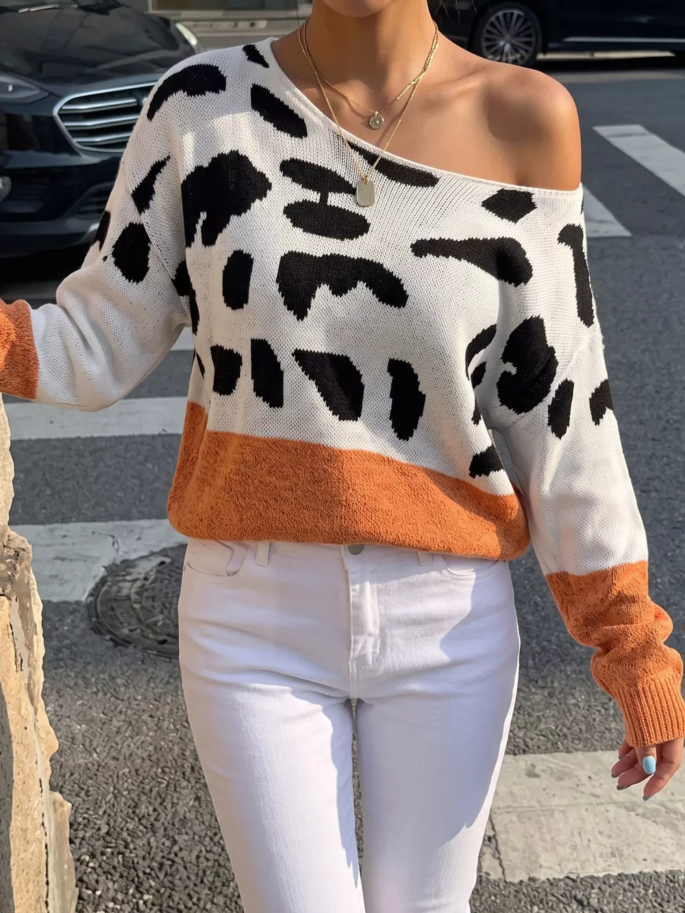 Full Size Off-Shoulder Colorblock Animal Print Sweater Plus Size