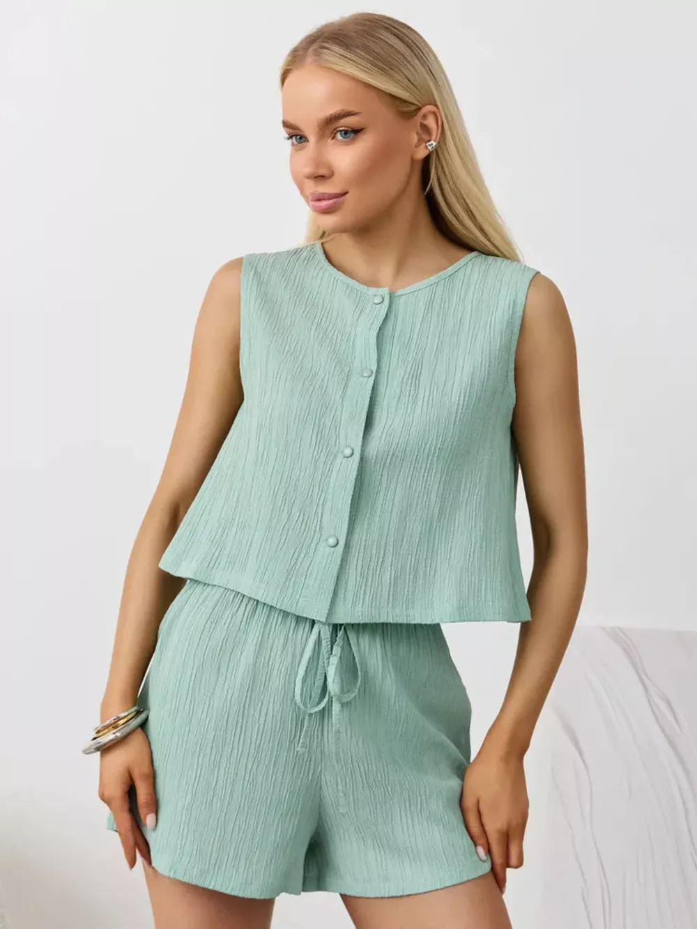 Textured Round Neck Tank and Shorts Set, image 24