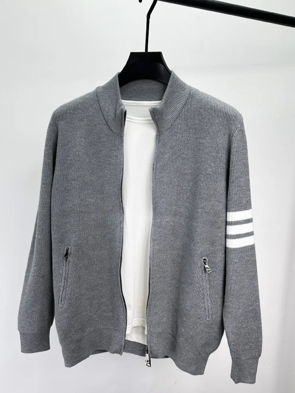 Men's Plus Size Zip Up Striped Long Sleeve Cardigan, image 2