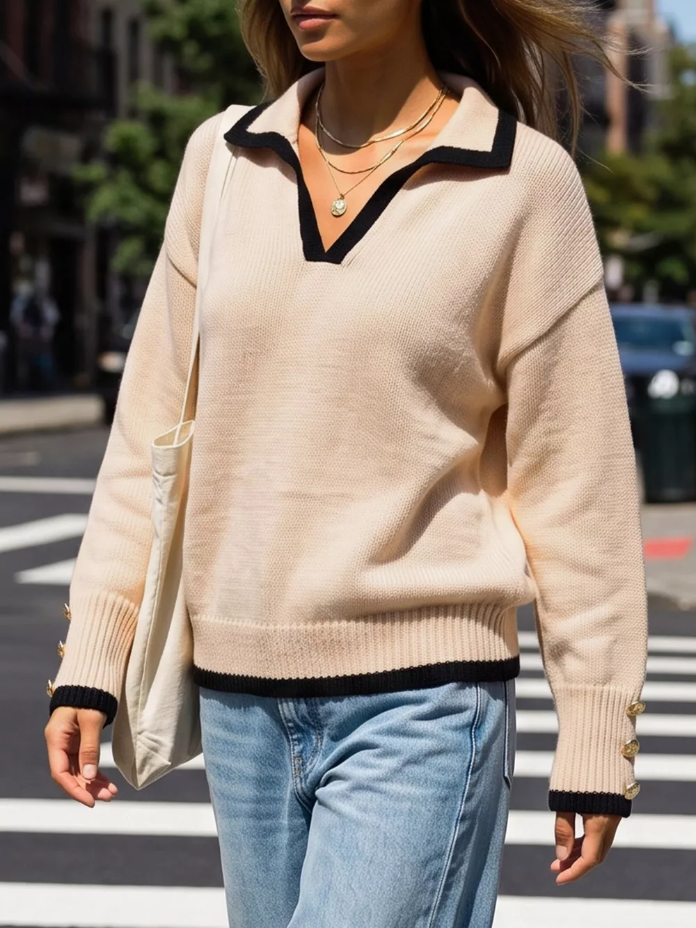 Contrast Trim Polo Collar Sweater, image 11