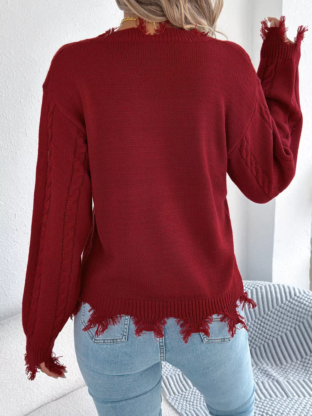 V-Neck Distressed Hem Cable Knit Sweater, image 21