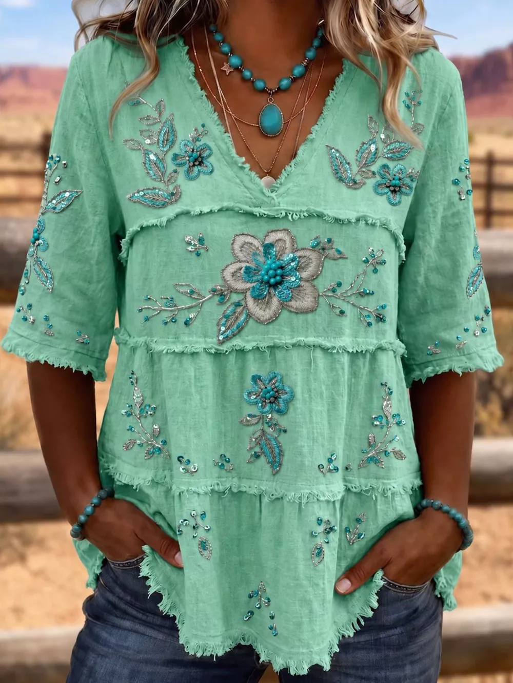 Full Size Floral Raw Hem V-Neck Blouse Plus Size, image 3