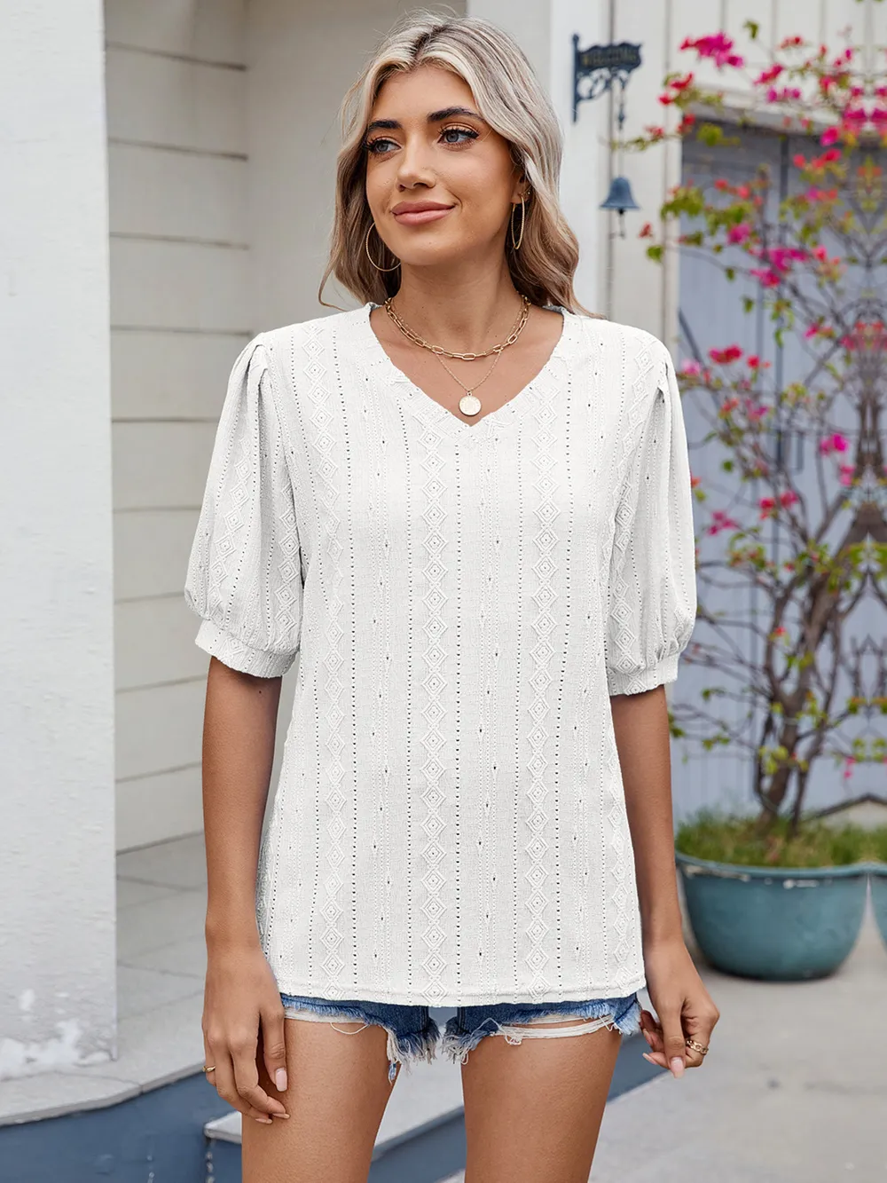 Eyelet V-Neck Puff Sleeve Casual Top, image 19