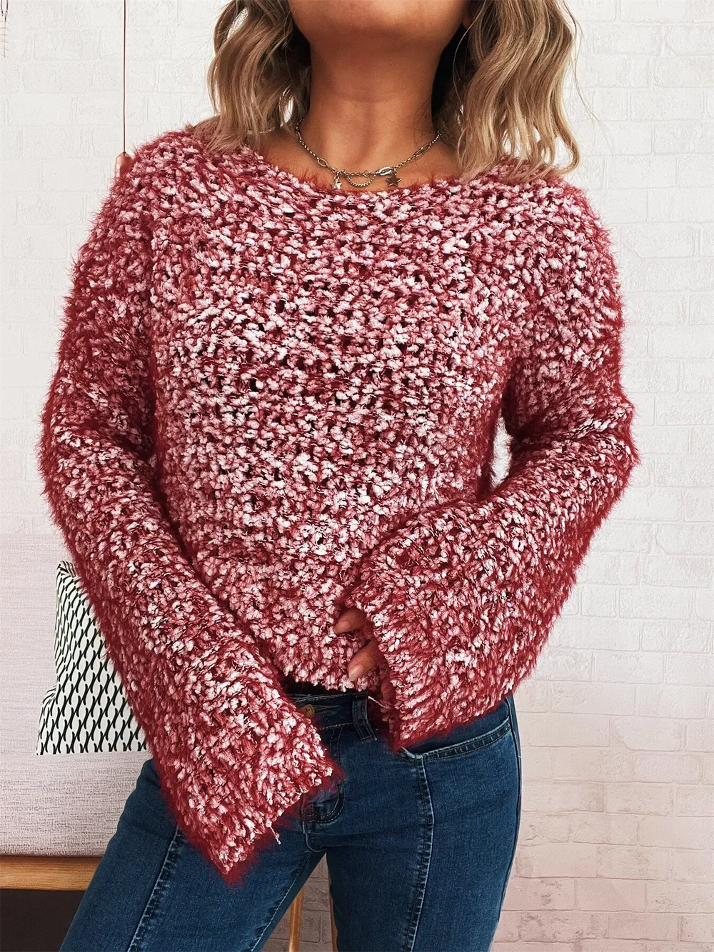 Crochet Round Neck Dropped Shoulder Sweater, image 14