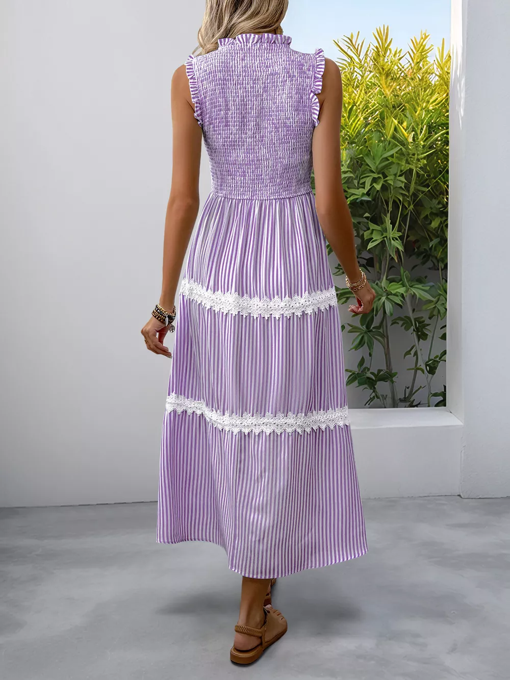Smocked Striped Lace Trim Sleeveless Midi Dress, image 13