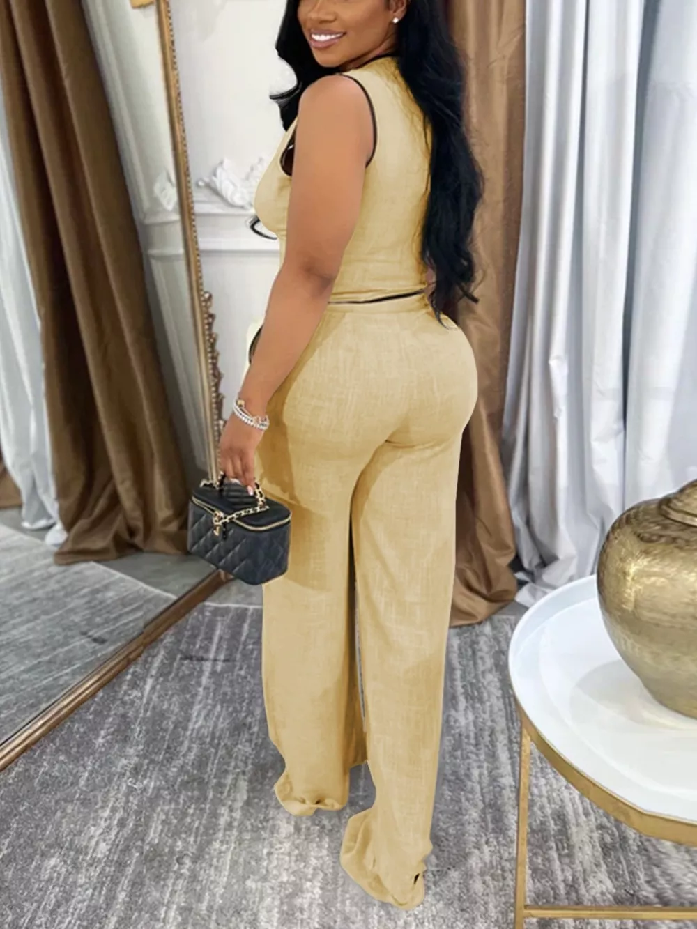 Contrast Trim Vest and Wide-Leg Pants Two-Piece Set, image 3