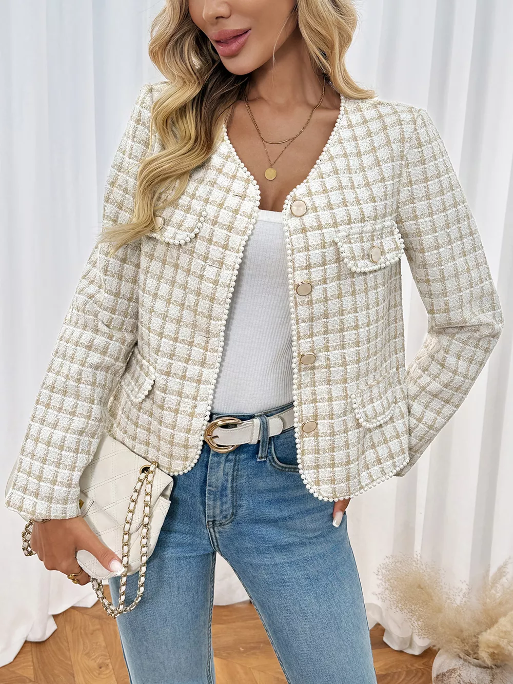 Pearl Trim Button Up Tweed Outerwear, image 4