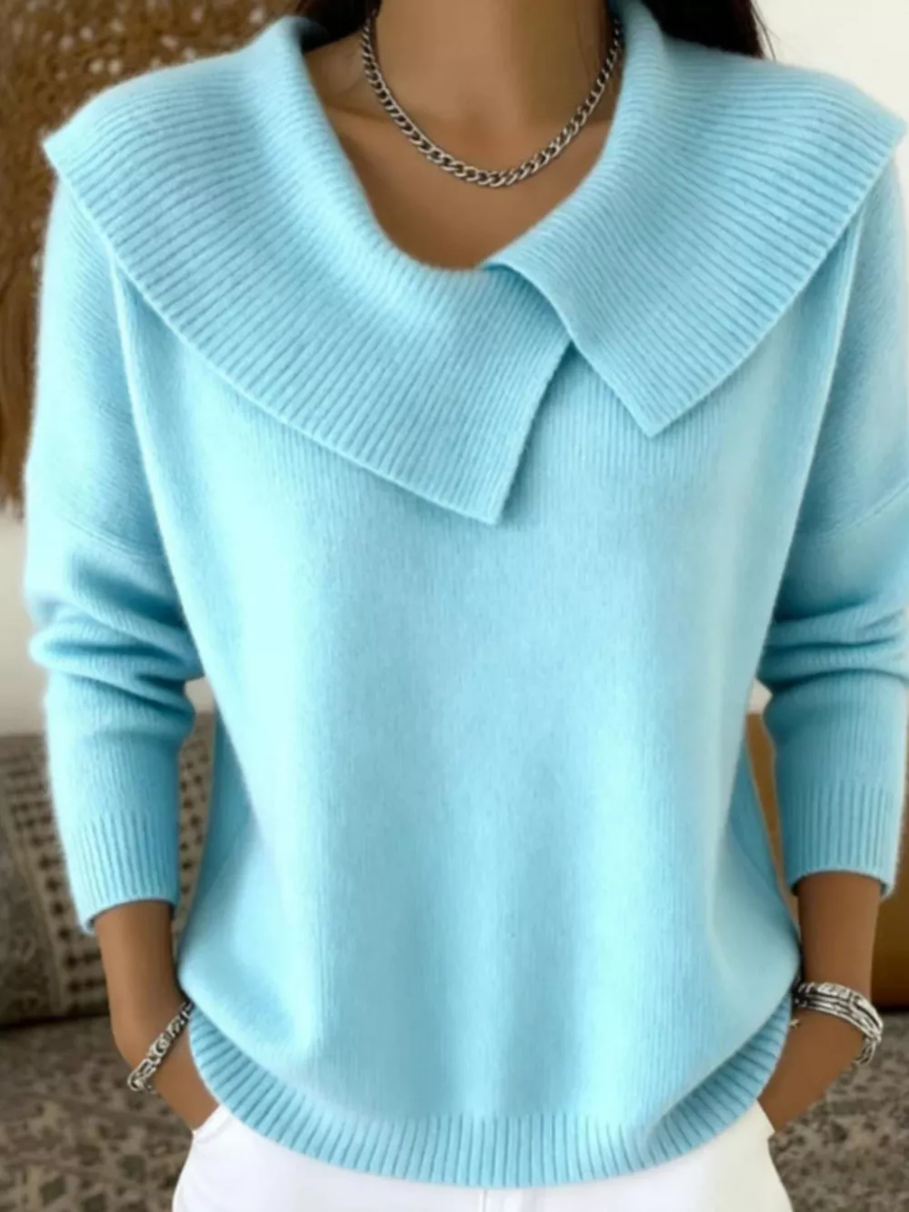 Full Size Wide-Collar Ribbed Knit Sweater Plus Size, image 8