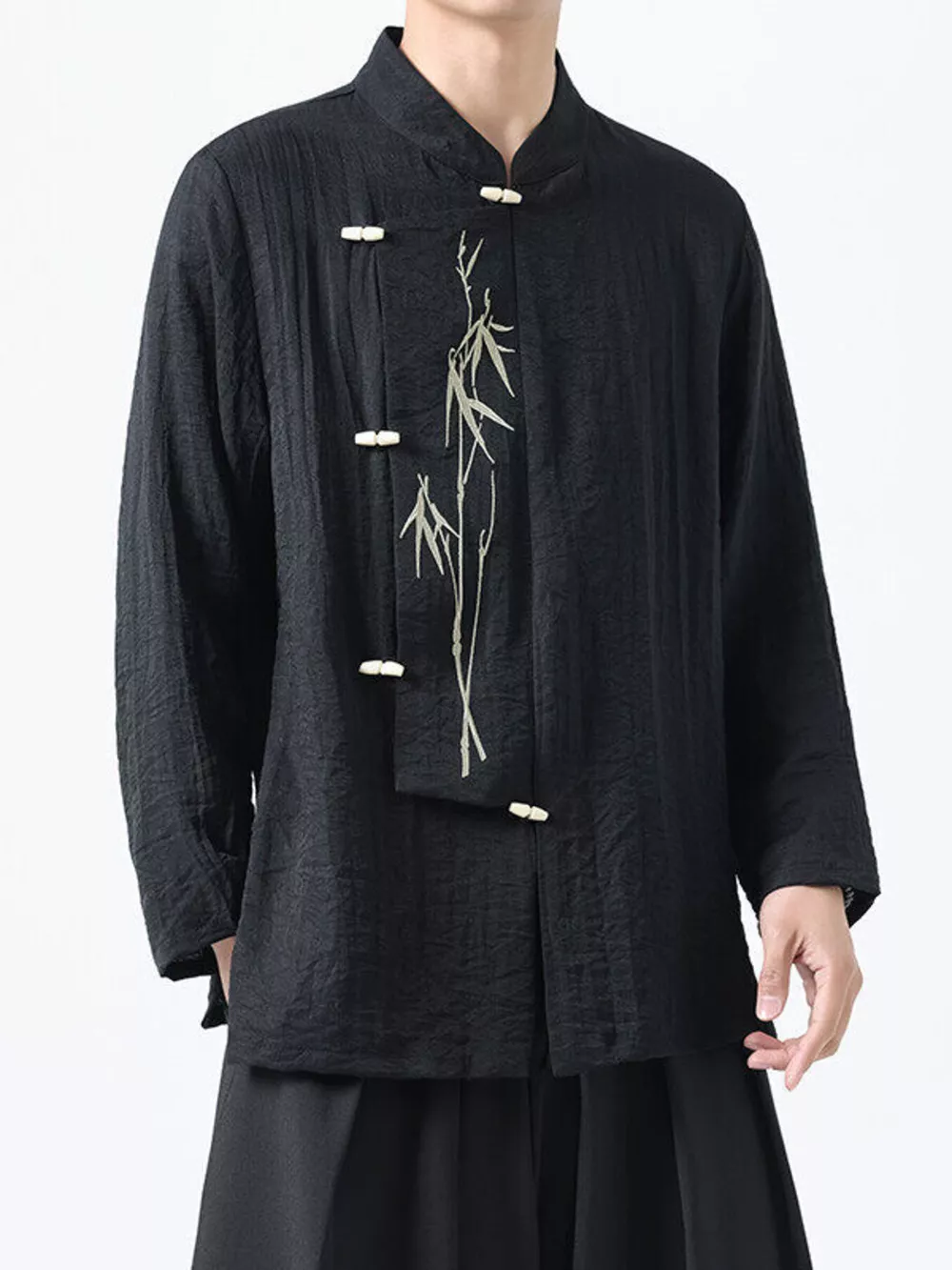 Men's Plus Size Chinese Style Embroidered Bamboo Linen Shirt
