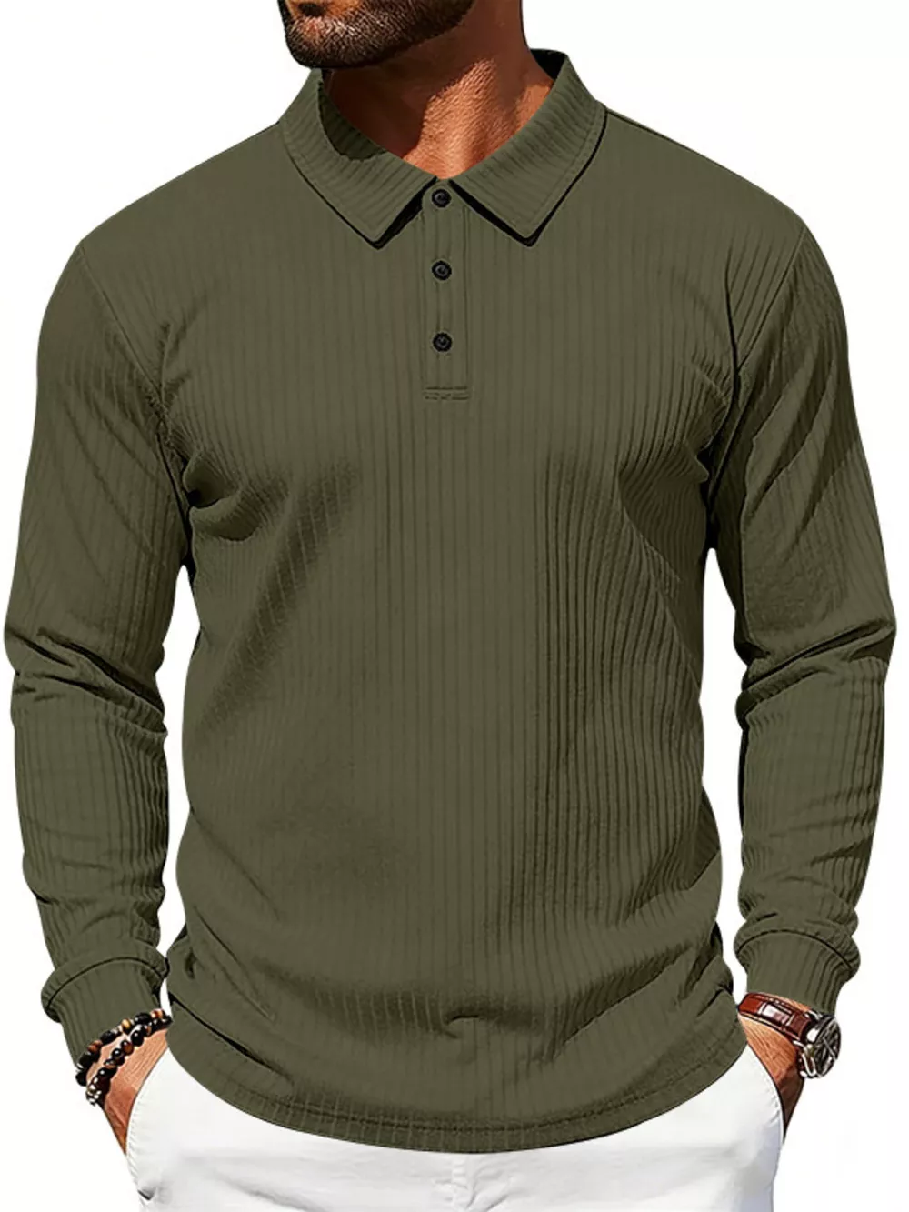 Men's Full Size Ribbed Long Sleeve Polo with Button Detail Plus Size, image 2