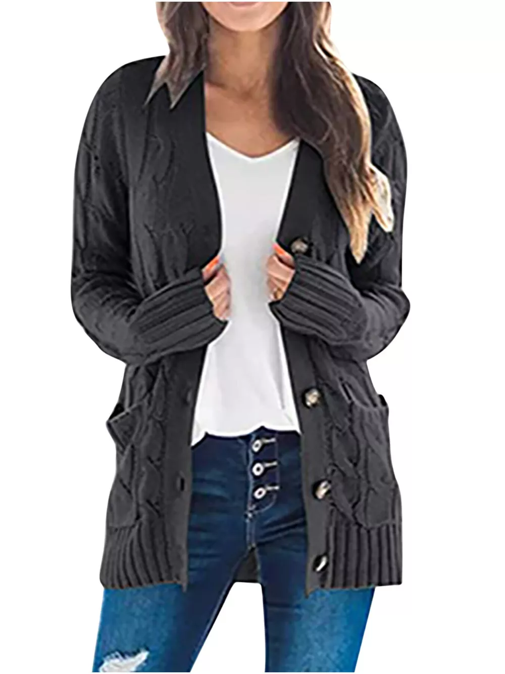 Full Size Chunky Cable Knit Button-Down Cardigan Plus Size, image 5
