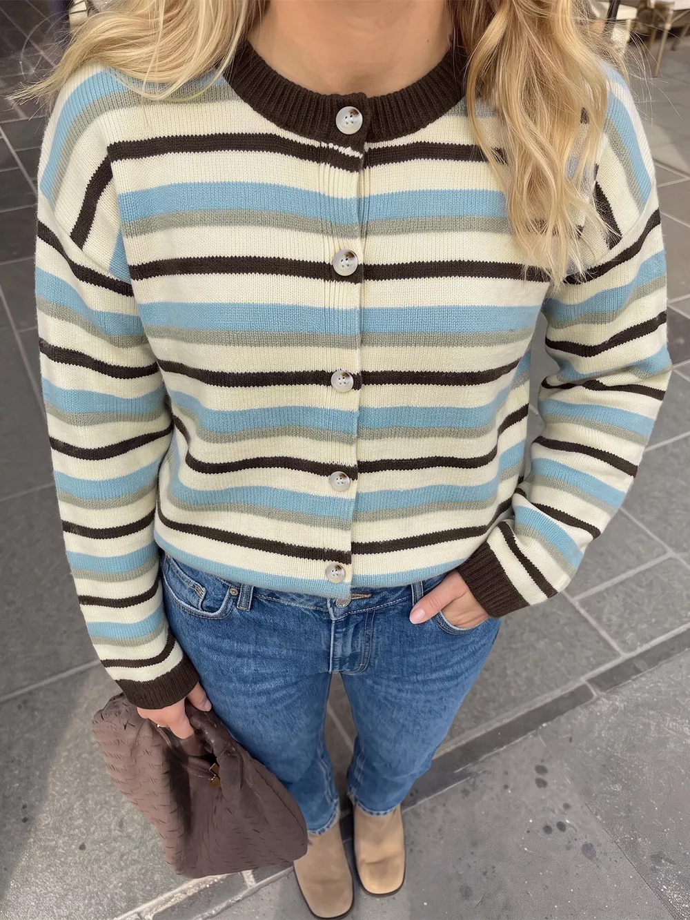 Striped Crew Neck Button-Down Cardigan, image 2