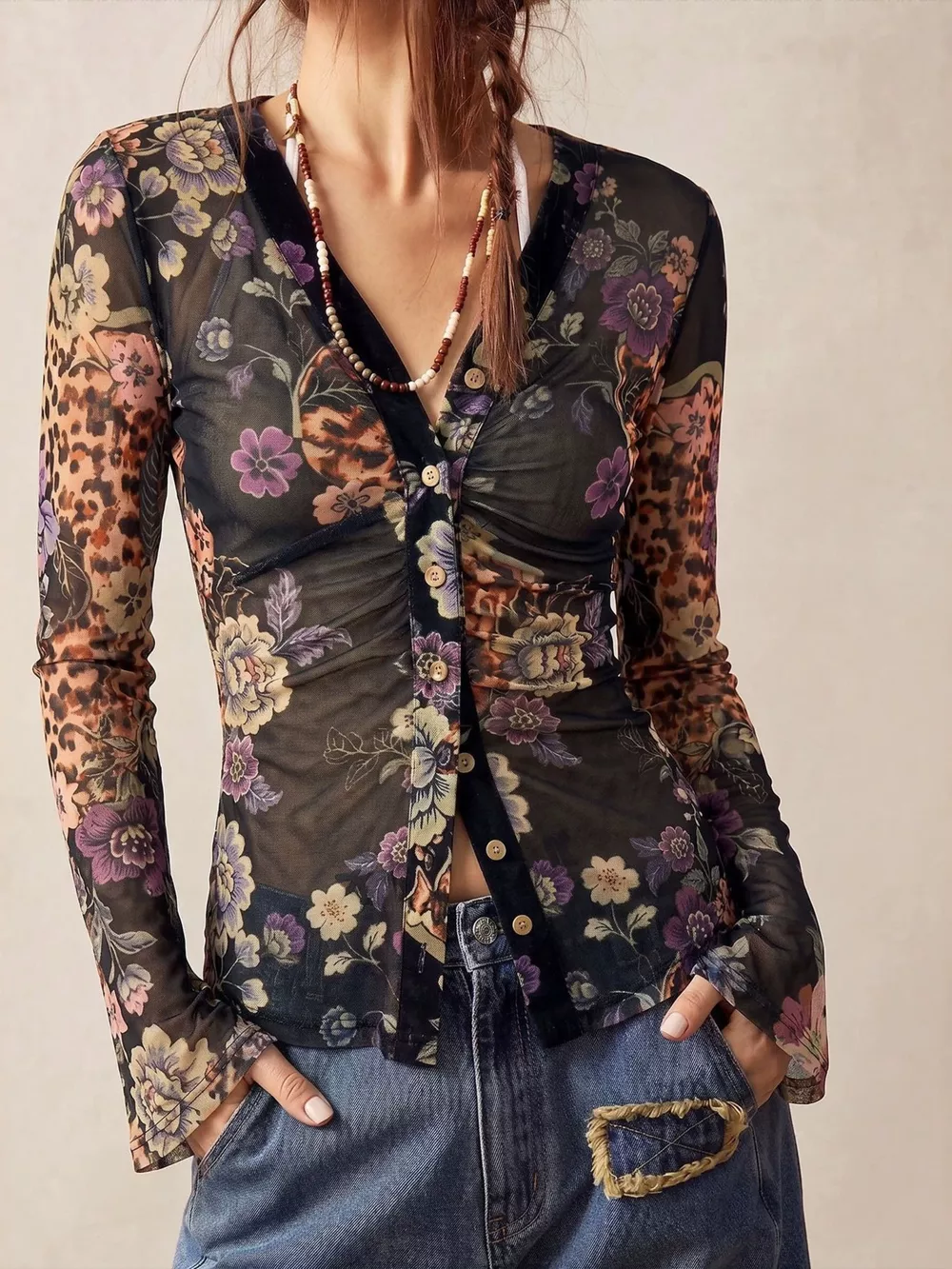 Printed Flare Sleeve Button Down Top, image 11