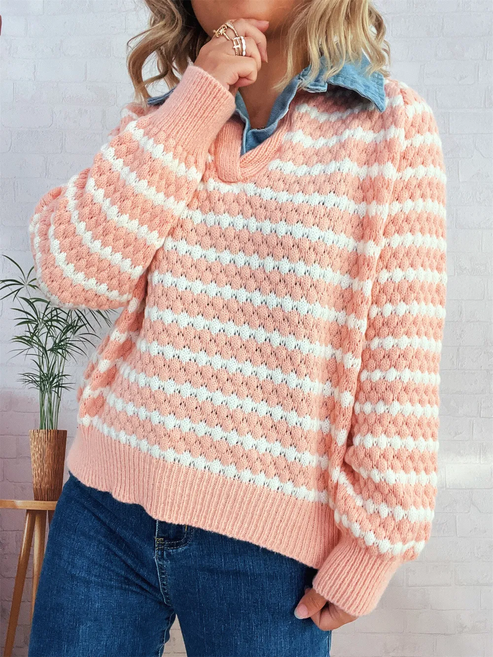 Contrast Striped Sweater with Denim Collar, image 23