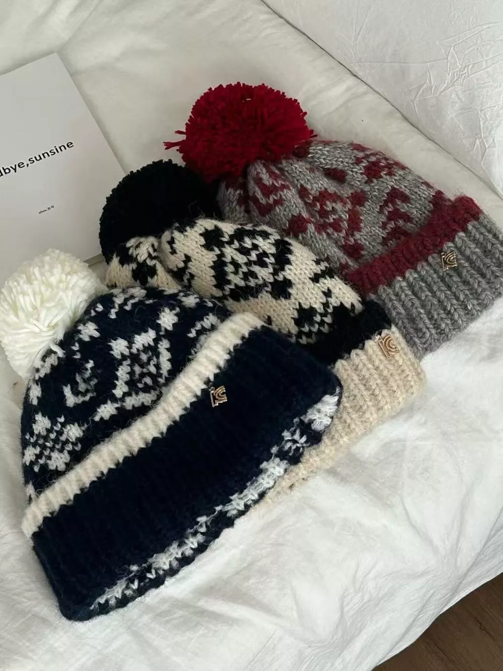 Snowflake Knitted Beanie Hat with Pom Pom, image 3