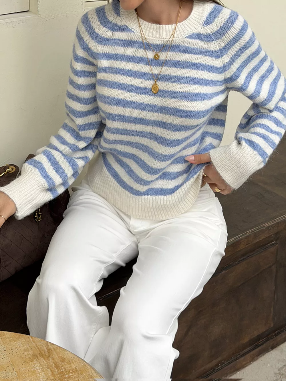 Striped Crew Neck Dropped Shoulder Sweater, image 3