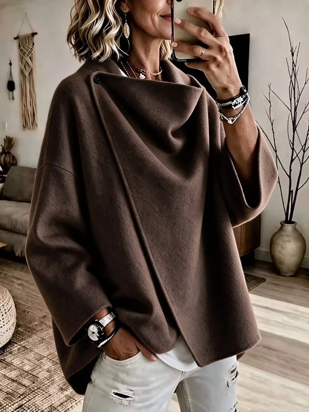 Full Size Asymmetric Button-Up Cape Outerwear Plus Size, image 15