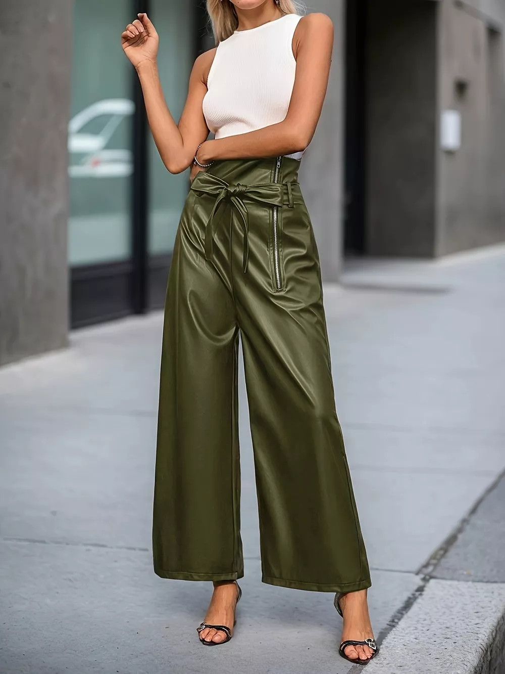 High-Waisted Faux Leather Wide-Leg Pants with Tie-Waist and Zipper Detail, image 3