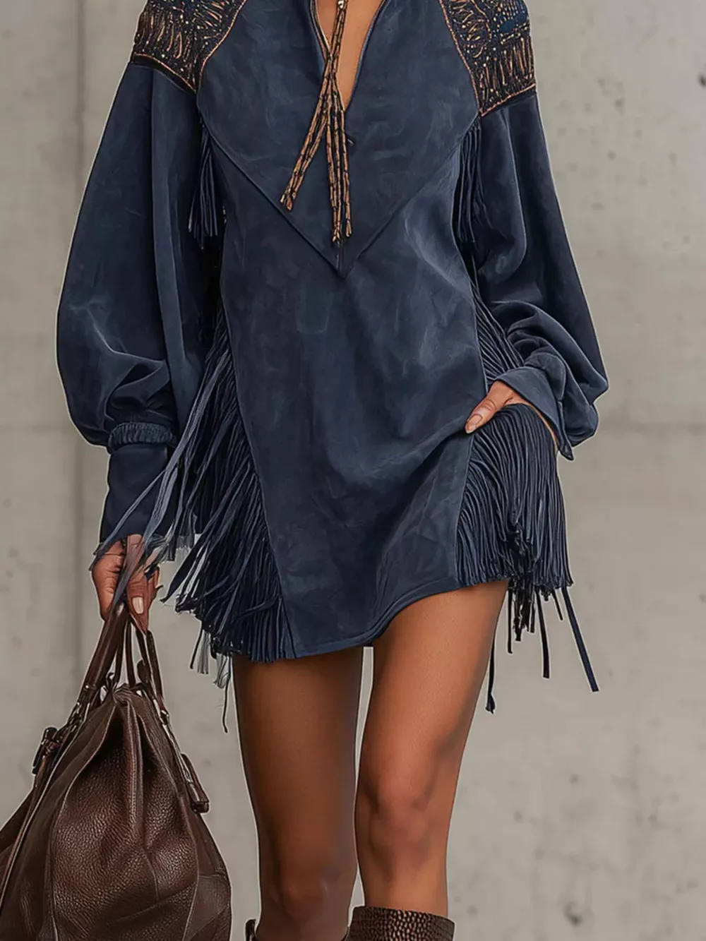 Fringed Lantern Sleeve Mini Dress, image 3