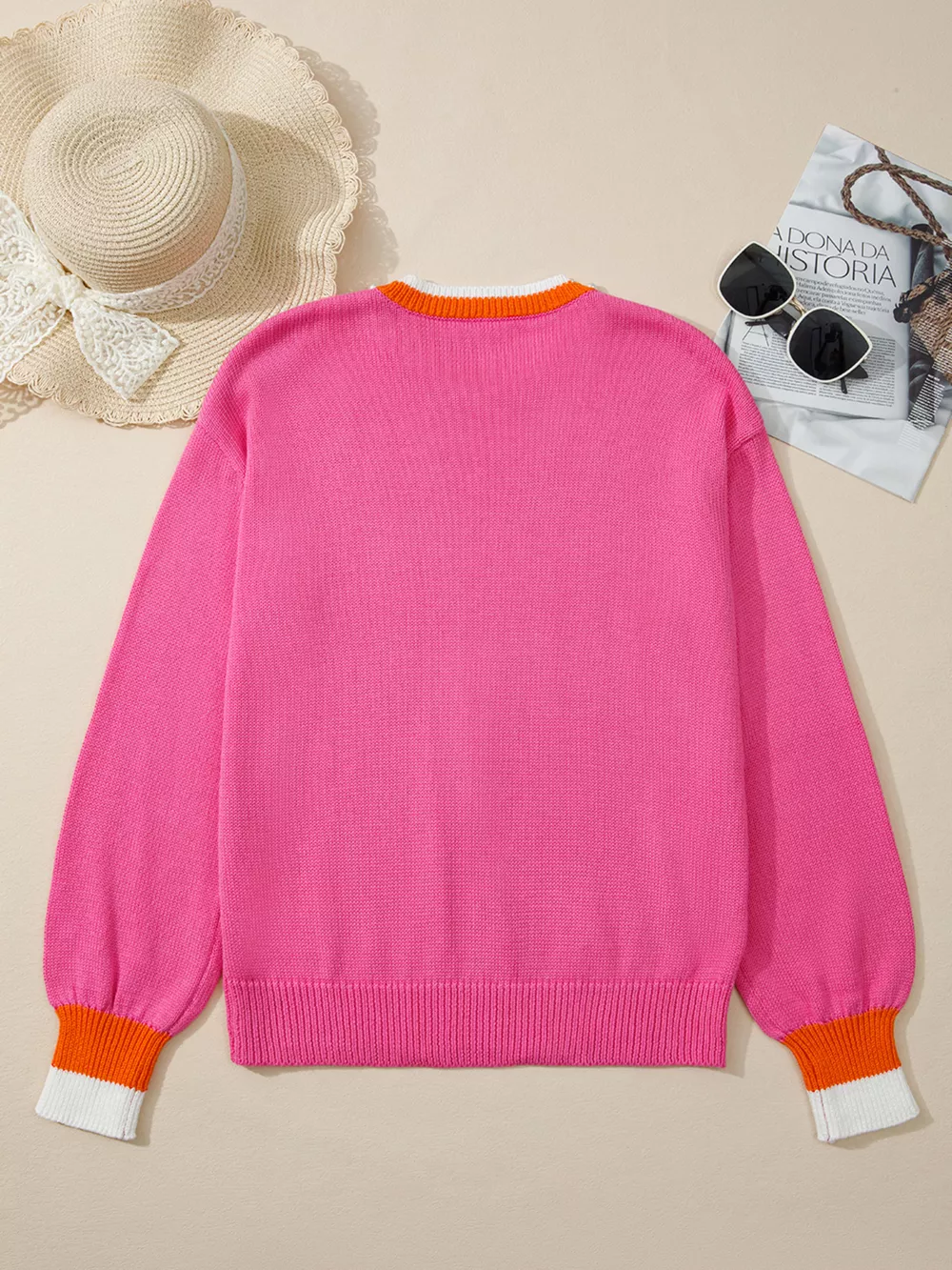 Contrast Crew Neck Pearled Decor Drop Shoulder Knit Sweater, image 7