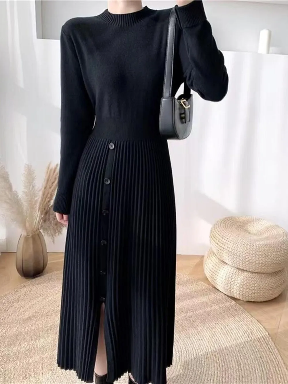 Slit Front Mock Neck Long Sleeve Knit Dress, image 5