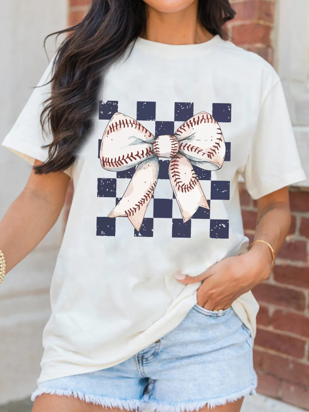 Checkered Bowknot Graphic Crew Neck T Shirt, image 6