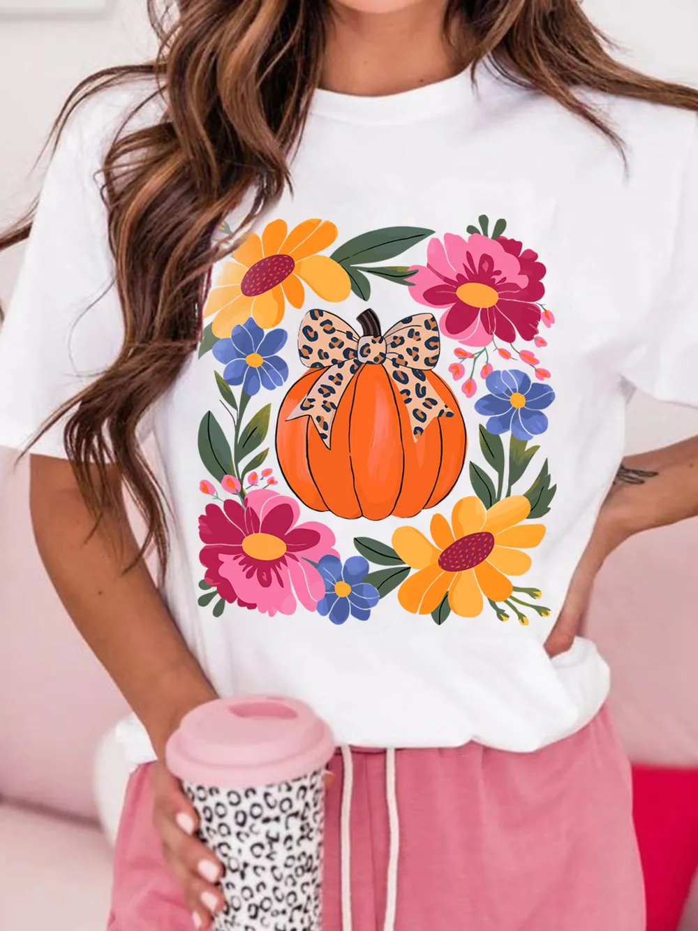 Pumpkin Floral Graphic Round Neck T-Shirt, image 5