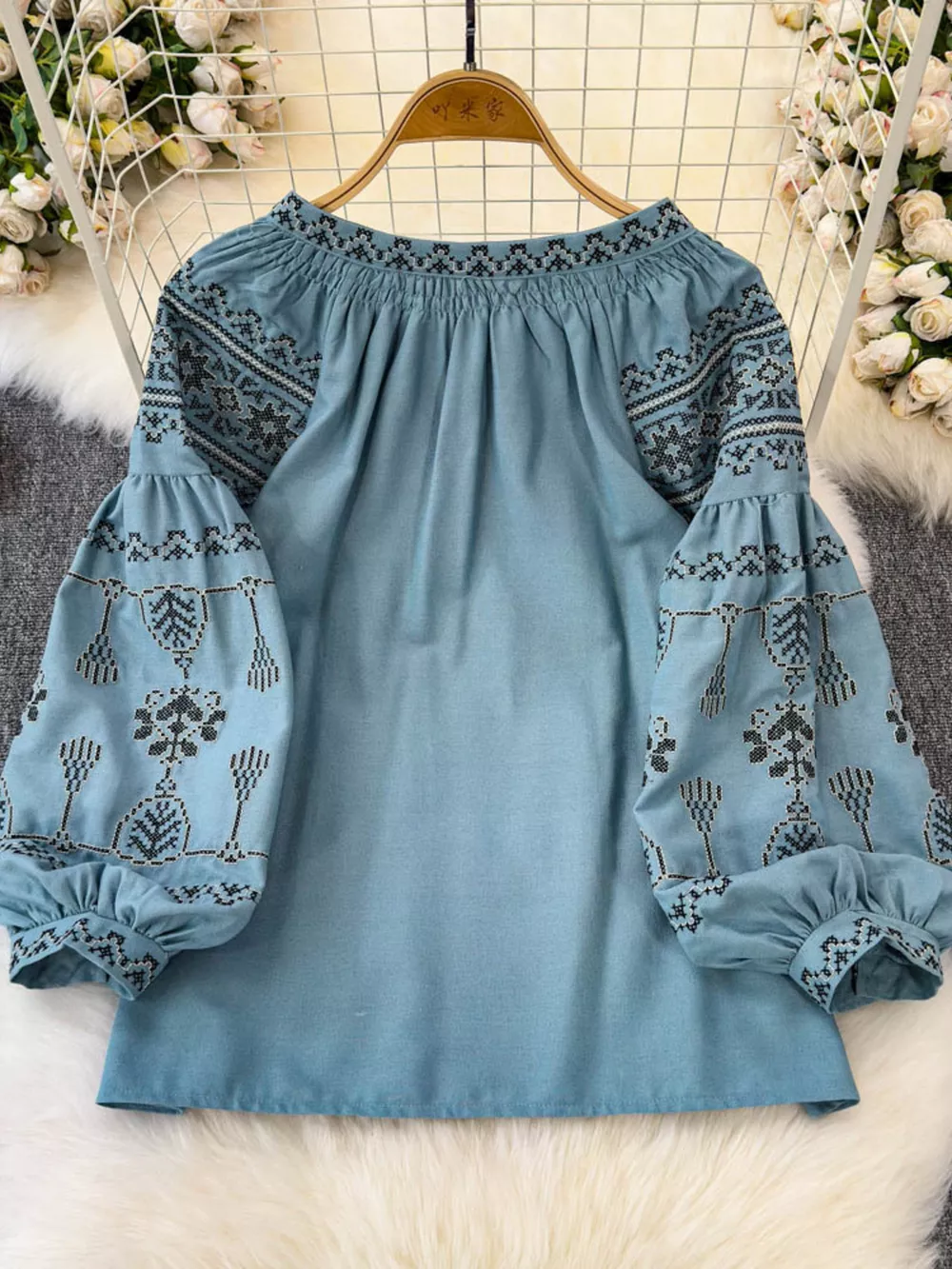 Bohemian Embroidered Blouse with Tassel Tie, image 6