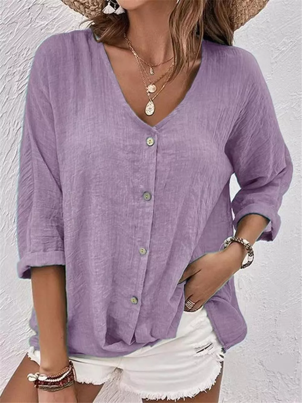 Full Size Casual V-Neck Button-Down Blouse Plus Size, image 8